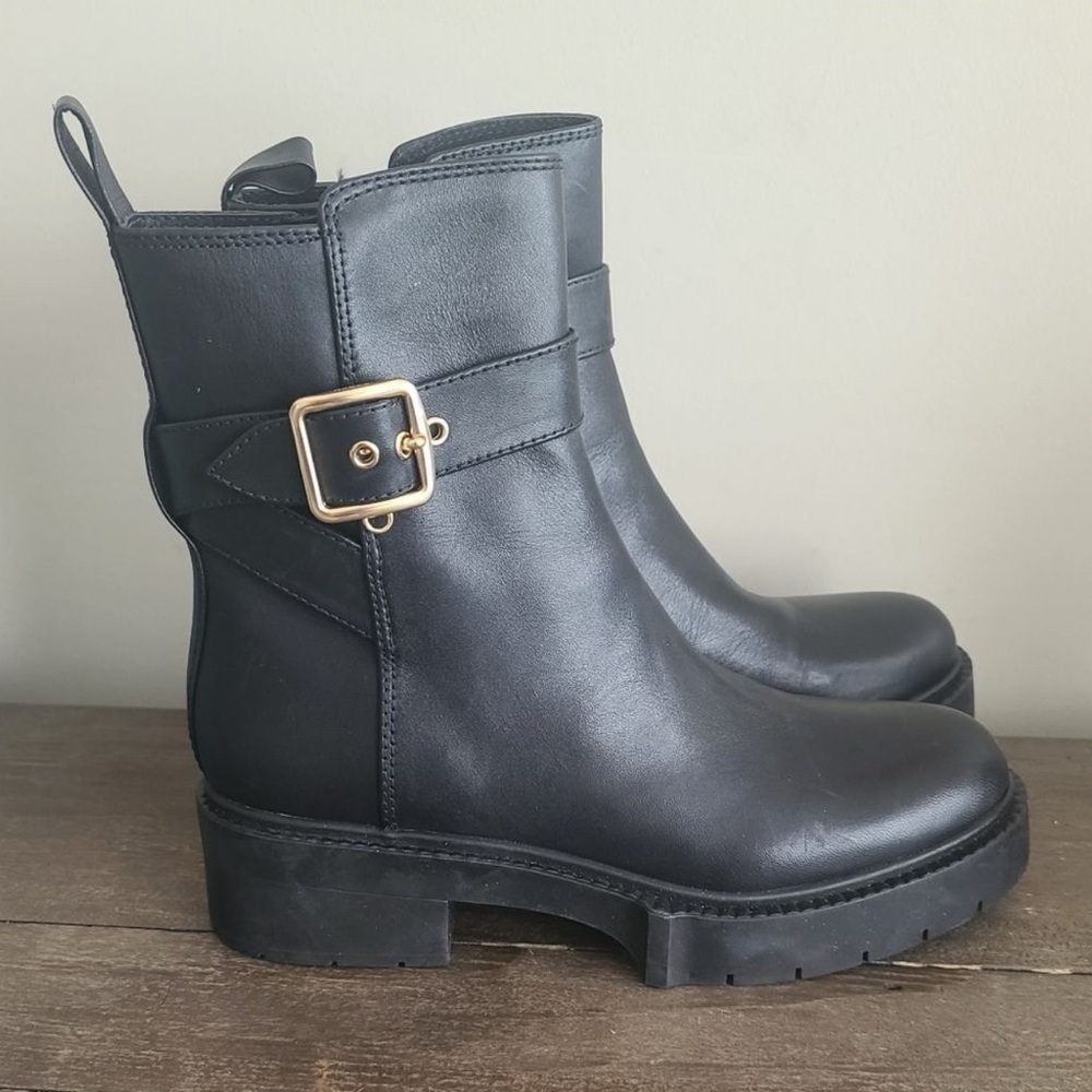 Coach Lacey Lug Black and Gold Combat Boots with Chunky Sole